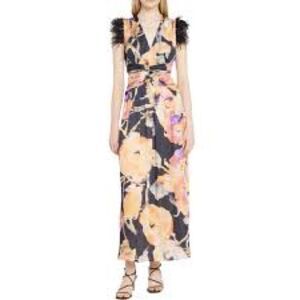 Ranna Gill Anthropologie Watercolor Floral Feather Maxi Dress with Cut Outs